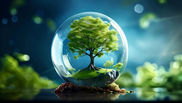 A lush, solitary tree within a clear glass globe set against a bokeh backdrop of cool, blue tones