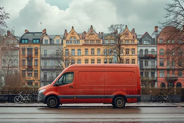 Foto op Canvas photography, driving red sprinter transporter in front of a sight in Kiel, natural daylight, only few clouds  © HejPrint