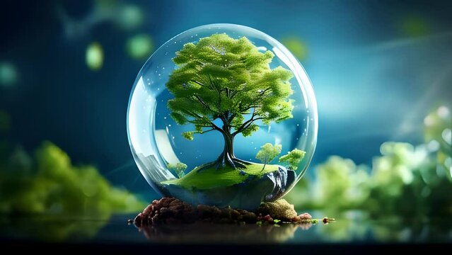 A lush, solitary tree within a clear glass globe set against a bokeh backdrop of cool, blue tones