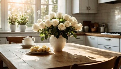 Kitchen interior with flowers. A white vase filled with elegant white roses on the table.. 