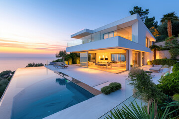 Exterior modern white villa with pool and garden, sea view at sunset