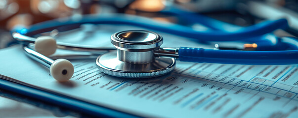 a close-up image captures the essence of a medical stethoscope resting atop a patient's chart, With focused detailing and a blue hue, symbolizing precision and care in healthcare - obrazy, fototapety, plakaty