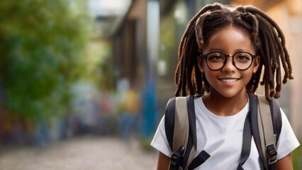 Fototapeta premium Portrait of happy smiling young African girl posing with backpack on green background, banner blank copy space for advertising tex