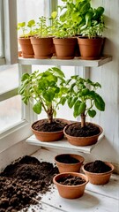 Gardening at home. Growing food on white windowsill. Tools, peat pots and pressed ground for seedlings. Copyspace for text, top view. Flatlay on white wooden background