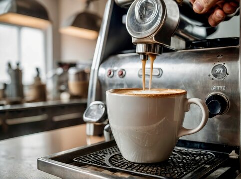 A high-end espresso machine brewing a perfect cup of coffee in a modern kitchen
