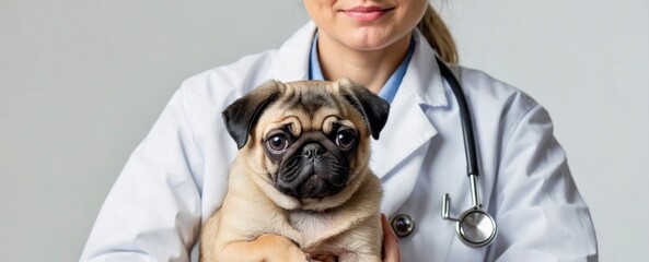Close up of handsome female veterinarian doctor with stethoscope holding cute pug dog puppy in arms in veterinary clinic on white background