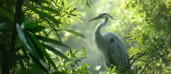 Partial sighting of a massive crane concealed by foliage.