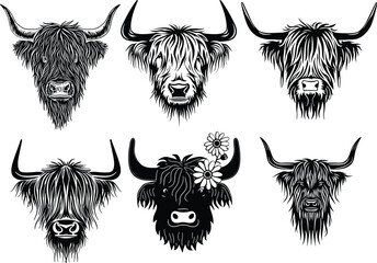 floral highland cow silhouette, flower cow set vector illustration 
