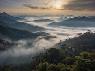 Mountain landscape with fog covering the valley at sunset. Travel, nature magazines. Misty landscapes series.