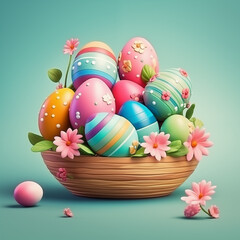 Obraz na płótnie Canvas Wooden basket filled with painted pastel Easter Egg