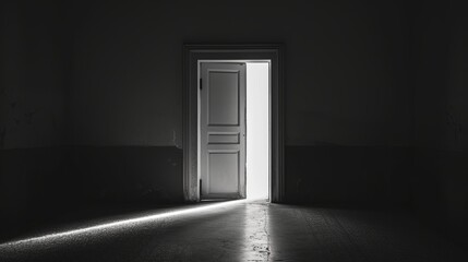 Grayscale shot of an open door letting light into a dark room