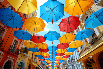 Fototapeta na wymiar multi-colored umbrellas suspended above the street, view from below