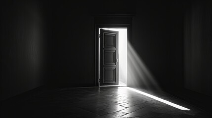 Grayscale shot of an open door letting light into a dark room