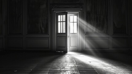 Grayscale shot of an open door letting light into a dark room