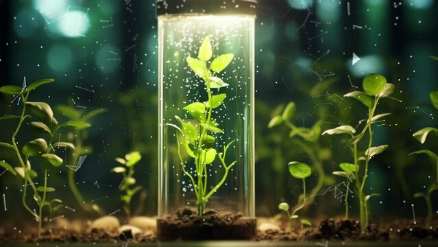 Agricultural technologies for growing plants and scientific research in the field of biology and chemistry of nature. Living green leaf with scientific data . Organic digital background
