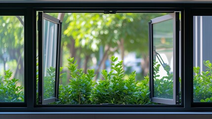 Awning window frame open, black metal detail with nature view and free space. Louver glass texture for house decor, building, real estate, property, living and hotel. Close up Aluminum casement