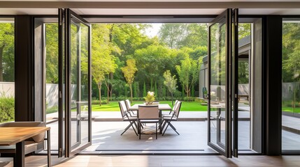 A beautiful garden and patio in summer are seen from a stylish designer room through bifold doors.