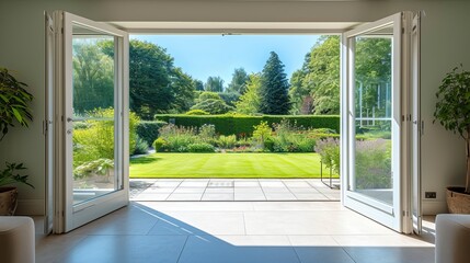 A beautiful garden and patio in summer are seen from a stylish designer room through bifold doors. - obrazy, fototapety, plakaty
