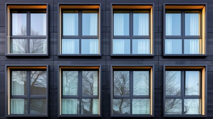 Black frame aluminium windows of building