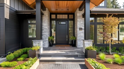 Black front door of classic-style home in Oregon 