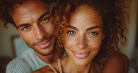 Obraz premium Joyful Couple Embracing in Kitchen, Radiating Optimism and Love