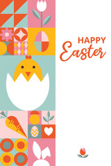Layout festive card or poster, banner, cover for Happy Easter with text. Trendy design with geometric shapes. Icons with eggs, bunny, flowers, chicken. 