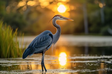 Sunrise Serenade: A Blue Heron's Reflection on a Beautiful Morning Generative AI - obrazy, fototapety, plakaty