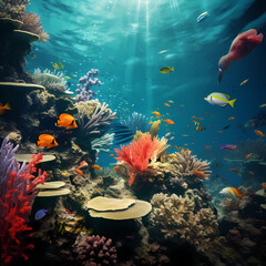 Fototapeta na wymiar A dreamy underwater scene with tropical fish and coral.