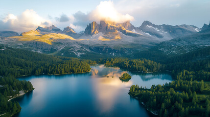 Aerial view of Lago Antorno, Dolomites, Lake mountain landscape with Alps peak , Misurina, Cortina d'Ampezzo, Italy, generative ai - obrazy, fototapety, plakaty