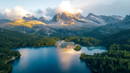Foto op Plexiglas Aerial view of Lago Antorno, Dolomites, Lake mountain landscape with Alps peak , Misurina, Cortina d'Ampezzo, Italy, generative ai © Chaman