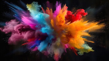 Vibrant burst! Colorful paint explosion ignites against black backdrop. Dynamic abstract background sparks creativity. Explore the spectrum in this mesmerizing artwork.