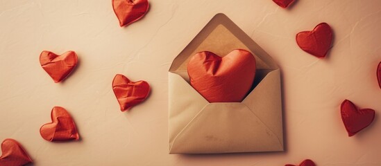Top view of a love-themed concept with an envelope, red heart, and love letter for Valentine's Day.