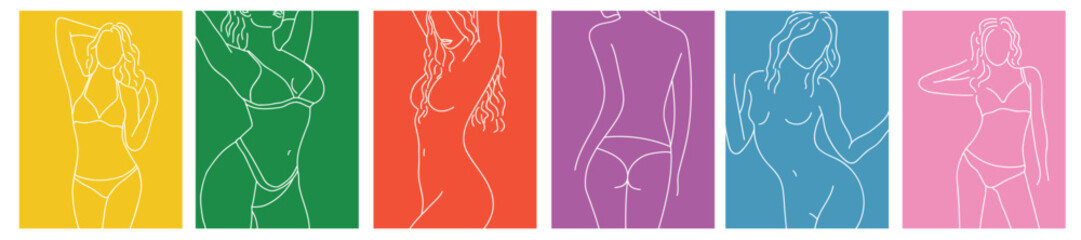 a collection of simple modern posters with sexy linear silhouettes of naked and bikini girls on colored backgrounds - obrazy, fototapety, plakaty