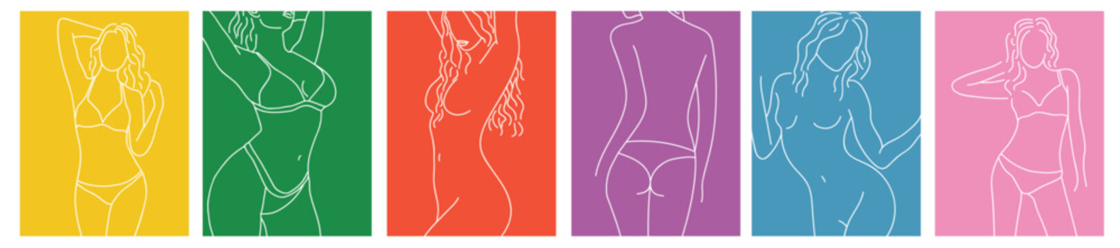 a collection of simple modern posters with sexy linear silhouettes of naked and bikini girls on colored backgrounds