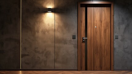 Doorway with digital locking on wood door. Digital door handle with wood oak door panel - obrazy, fototapety, plakaty