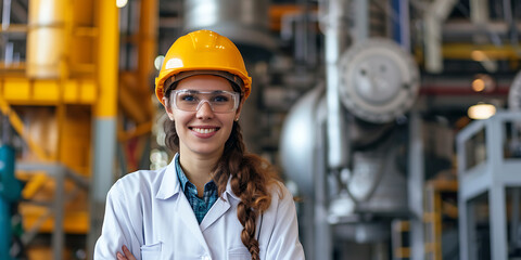 Happy smiling female engineer working against the backdrop of an industrial factory. - obrazy, fototapety, plakaty