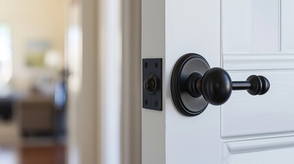 Element of interior design. Close up view of black handle with lock on the entrance door in living room or bedroom. Selective focus on latch and doorknob in apartment, close to white copy space wall  - obrazy, fototapety, plakaty