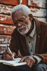 Inspirational image of an African American elderly man writing his memoirs, representing legacy and storytelling.