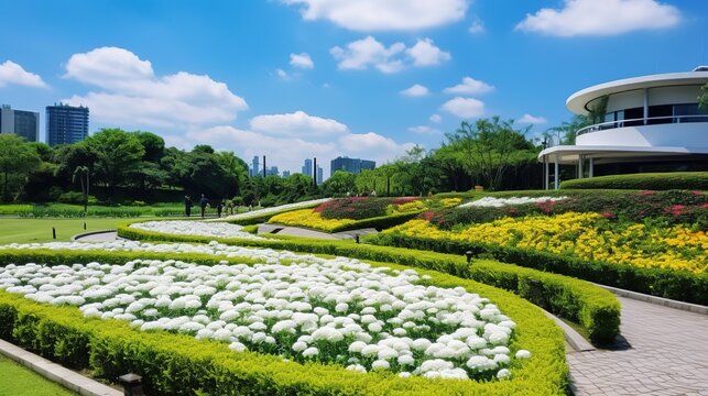 Blue sky, white clouds and beautiful garden. At Taichung city,, generative ai