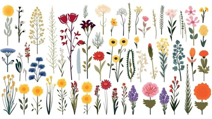 Botanical set of wildflowers plants. Colorful flat vector illustration , generative ai - obrazy, fototapety, plakaty