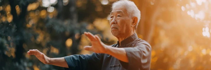 Gordijnen Portrait of a serene Asian elderly man practicing tai chi in a tranquil park, emphasizing physical and mental health. © EOL STUDIOS
