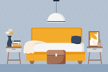 Cozy modern style bedroom in navy blue, orange and white tones. Light  blue wallpaper with rhombus. Interior and furniture collection. Scandinavian design. Vector cartoon flat illustration - obrazy, fototapety, plakaty