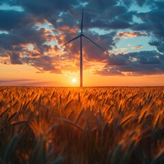 Farming with windmill technology in a vast wheat field with a stunning summer and spring sunlight reflected in the sky, great for business, advertising, blogs etc. Generative Ai - obrazy, fototapety, plakaty