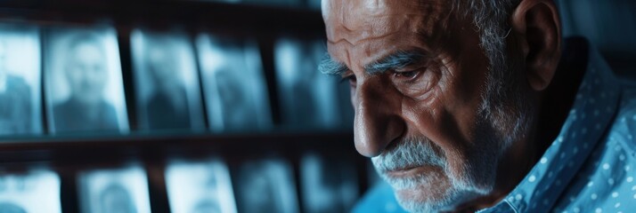 Reflective portrait of a Middle Eastern elderly man looking at family photos, emphasizing memory and emotional connection.