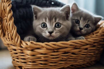 Two cute gray kittens are sitting in a wicker basket