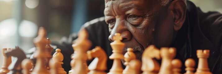 Uplifting portrait of an African American elderly man playing chess in a community center, focusing on strategic thinking and social interaction.