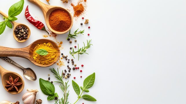 Food background with spices, herbs, utensil on white background.