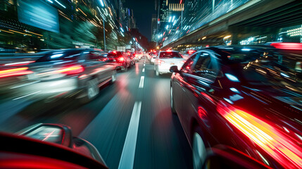 A dynamic perspective of a car journey on city roads. An image of city life with a fast pace of life. The flow of time.