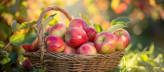 Shiny apples fill the garden in a wicker basket.