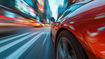 A dynamic perspective of a car journey on city roads. An image of city life with a fast pace of life. The flow of time.